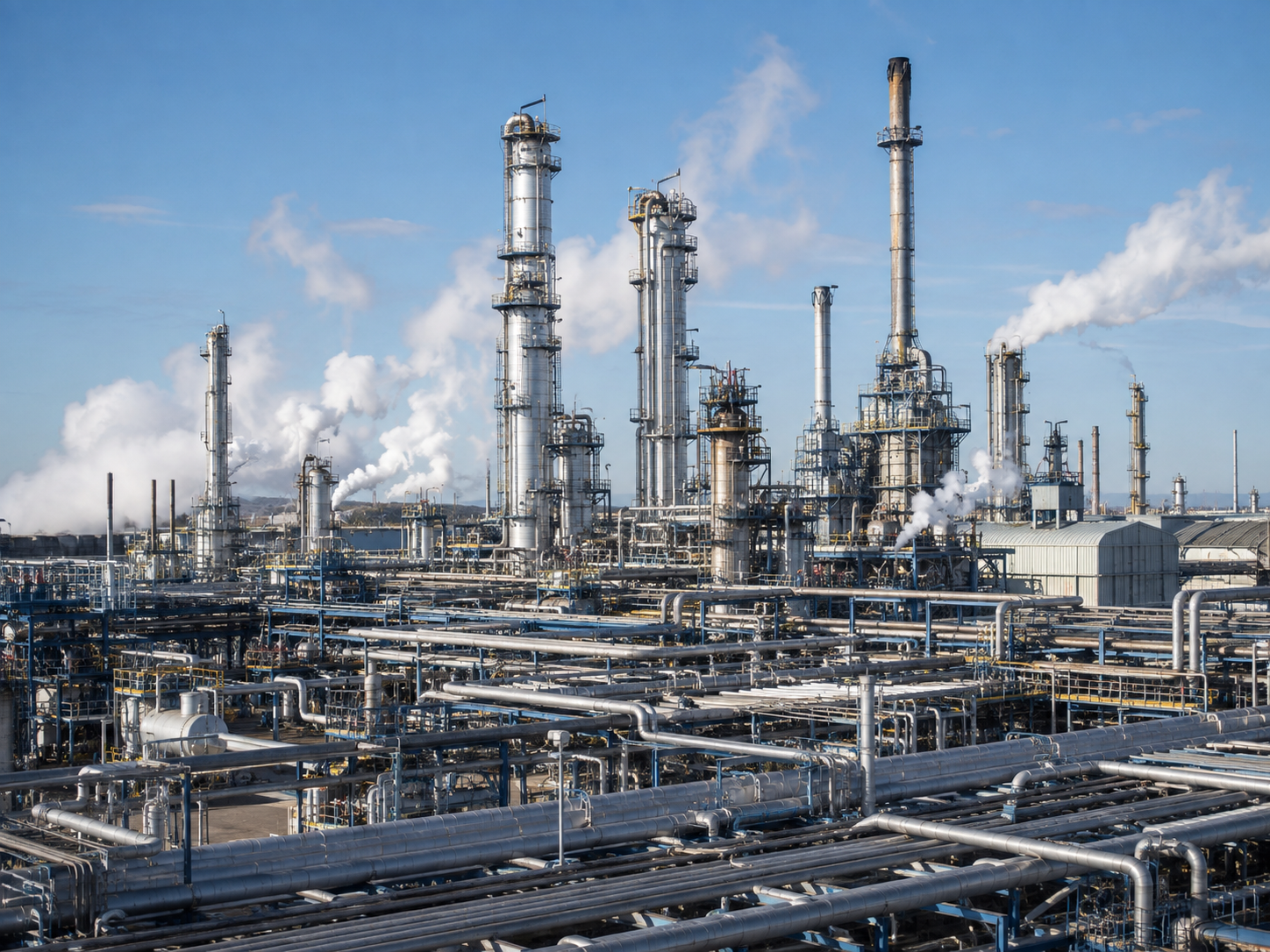 Illustrative chemical plant with dense pipe racks, tall columns and white steam