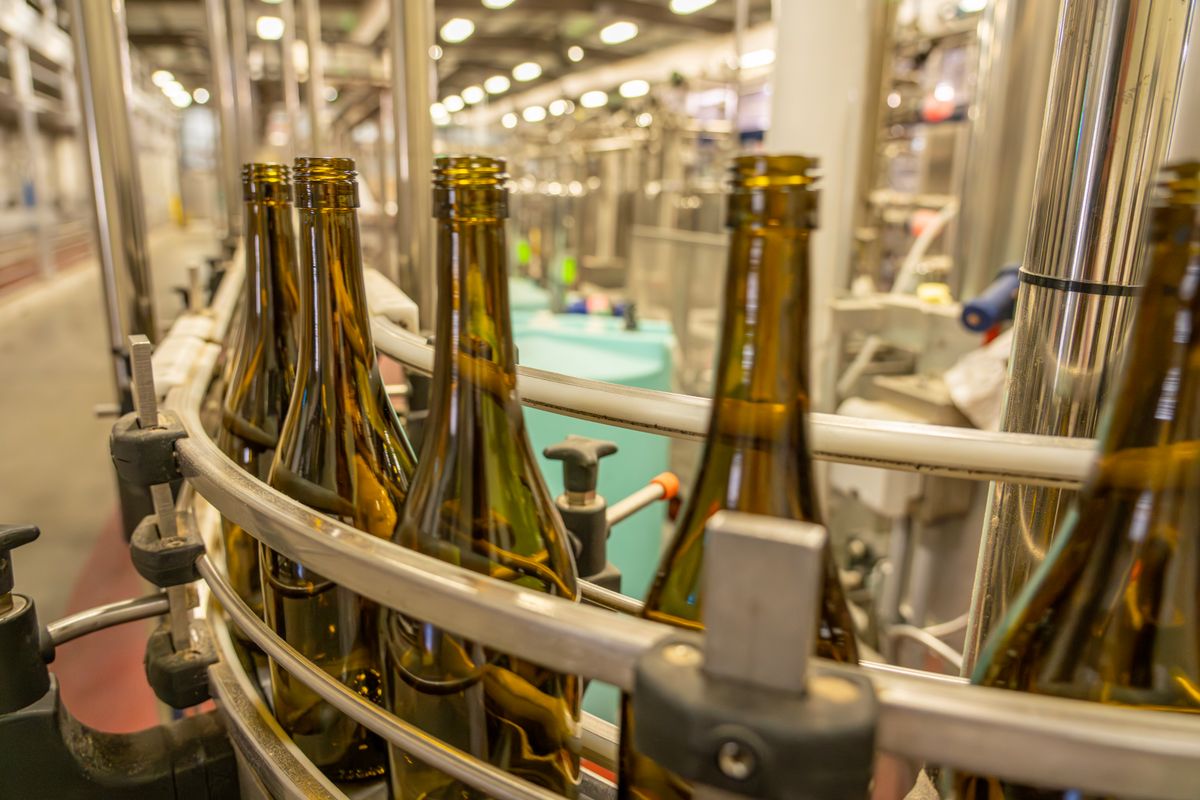 Glass bottles on an automated beverage bottling line