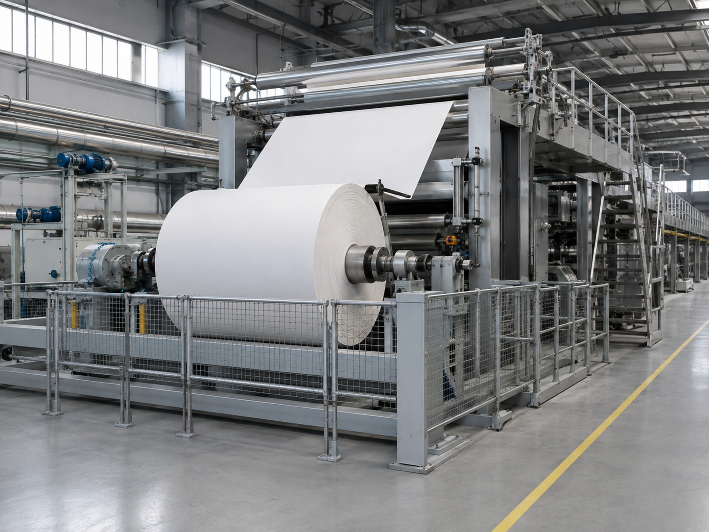 Illustrative paper rewinding machine with a large white paper roll and continuous paper sheet